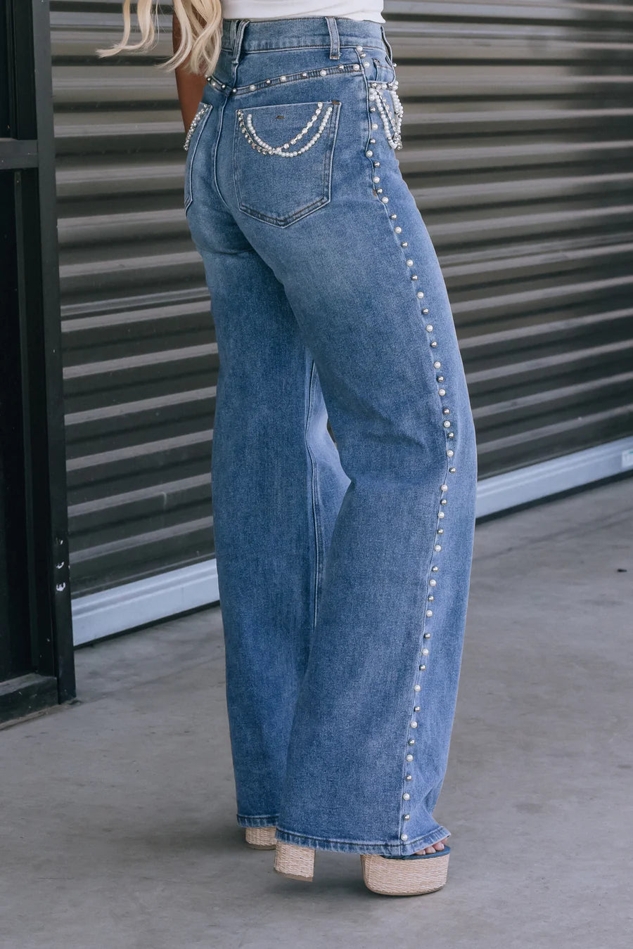 Lidia - Rhinestone Embellished Wide Leg Jeans - Ice Blue