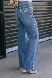 Lidia - Rhinestone Embellished Wide Leg Jeans - Ice Blue
