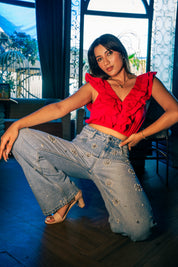 Dazie - Rhinestone Embellished Wide Leg Jeans