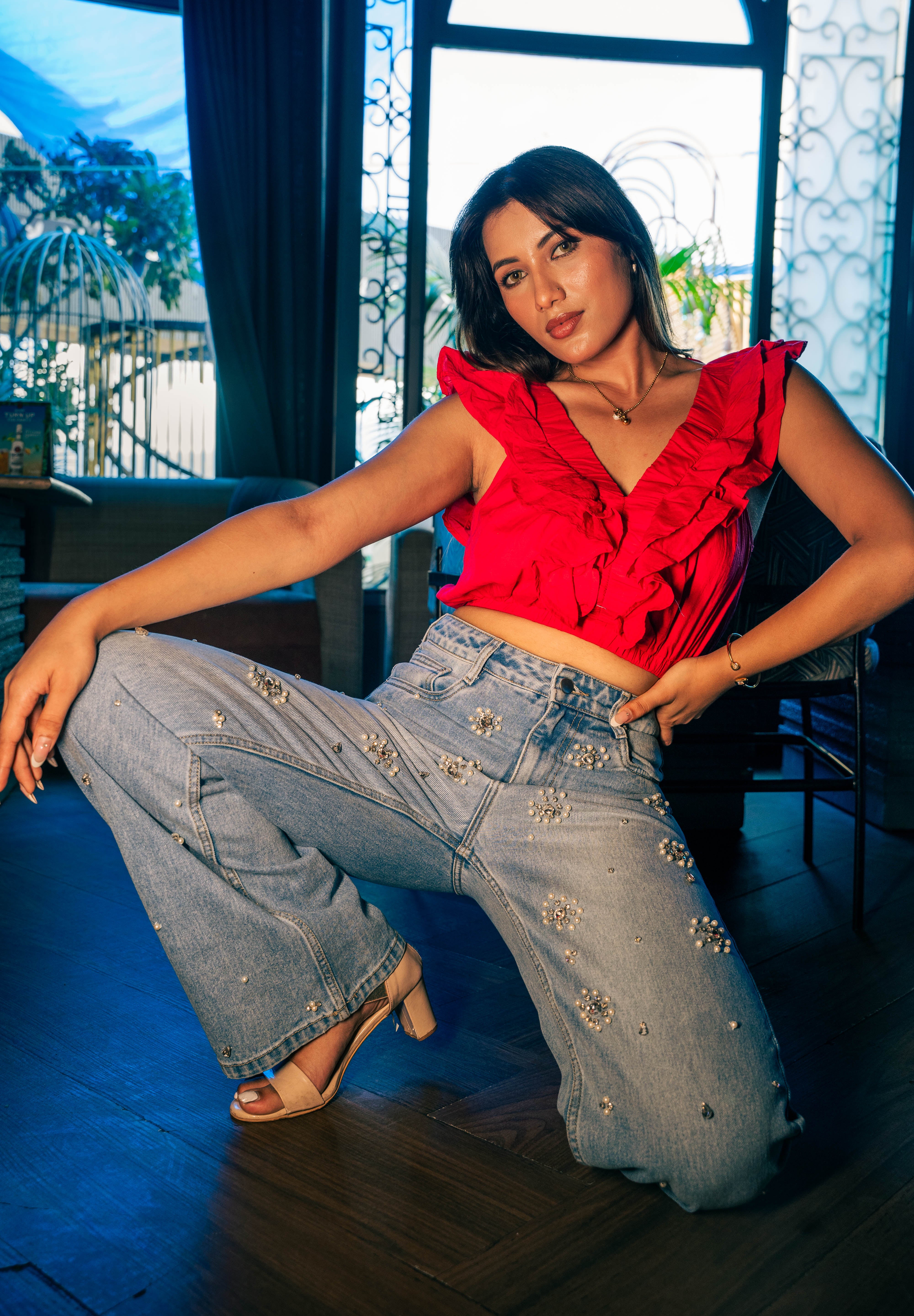 Dazie - Rhinestone Embellished Wide Leg Jeans