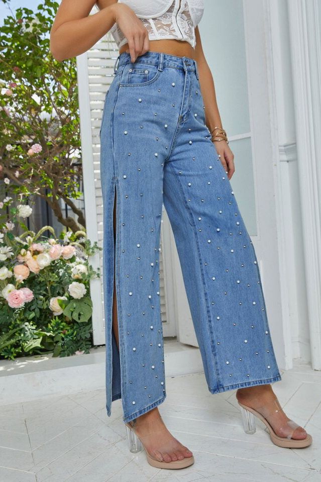 Pearl Studded Cut Out Jeans - Stone Blue