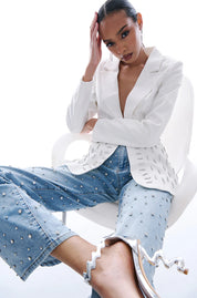 Lumière Rhinestone Embellished Wide Leg Jeans - Ice Blue