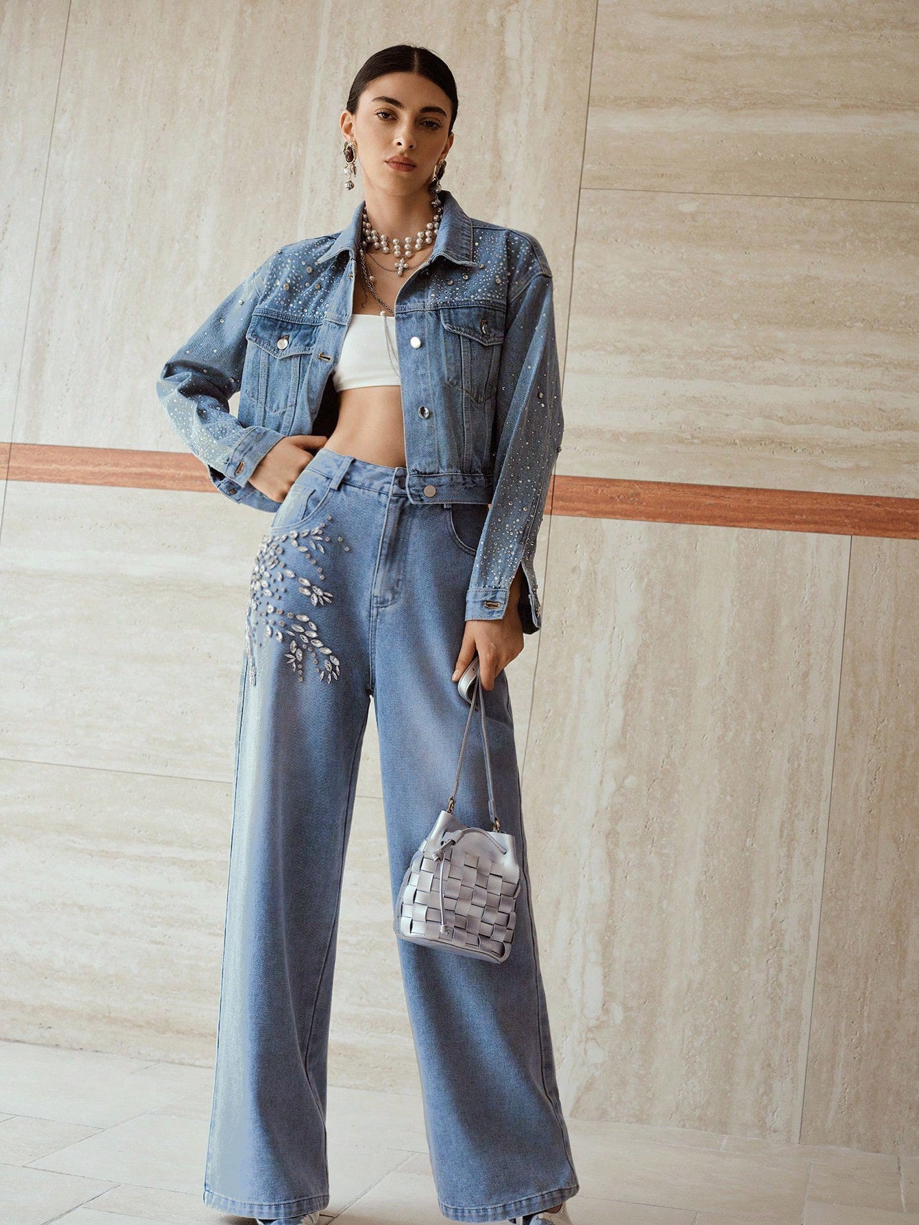 Crystal Vine - Rhinestone Embellished Wide Leg Jeans - Ice Blue