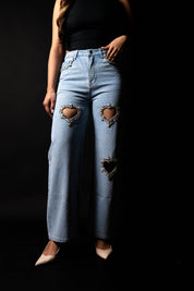 Cupid’s Charm - Rhinestone Embellished Cut Out Jeans - IceBlue