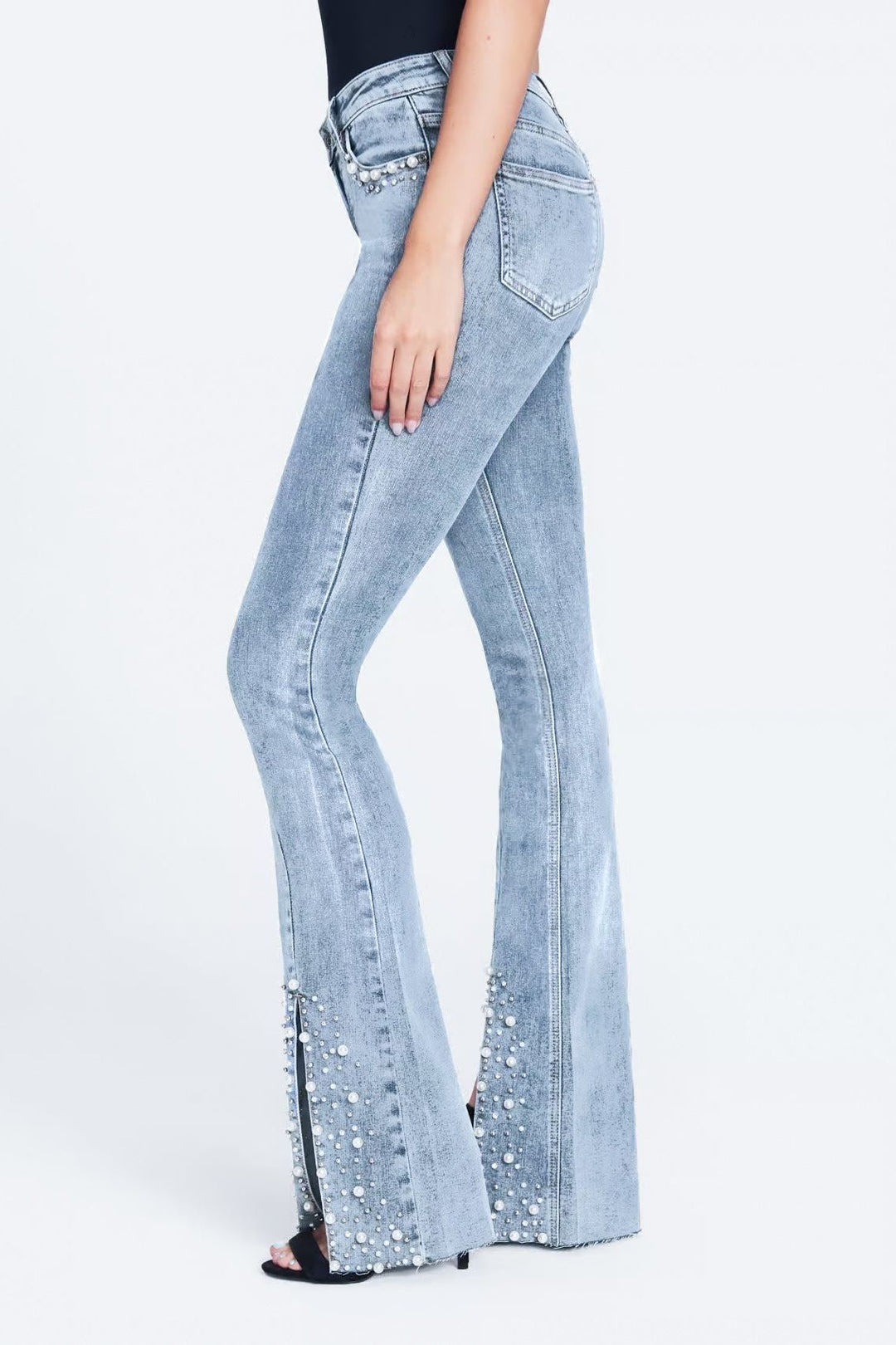 High Rise Embellished Boot Cut Flared Jeans - Iris Pearl