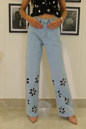 Aster - Rhinestone Embellished Cut Out Jeans - Ice Blue