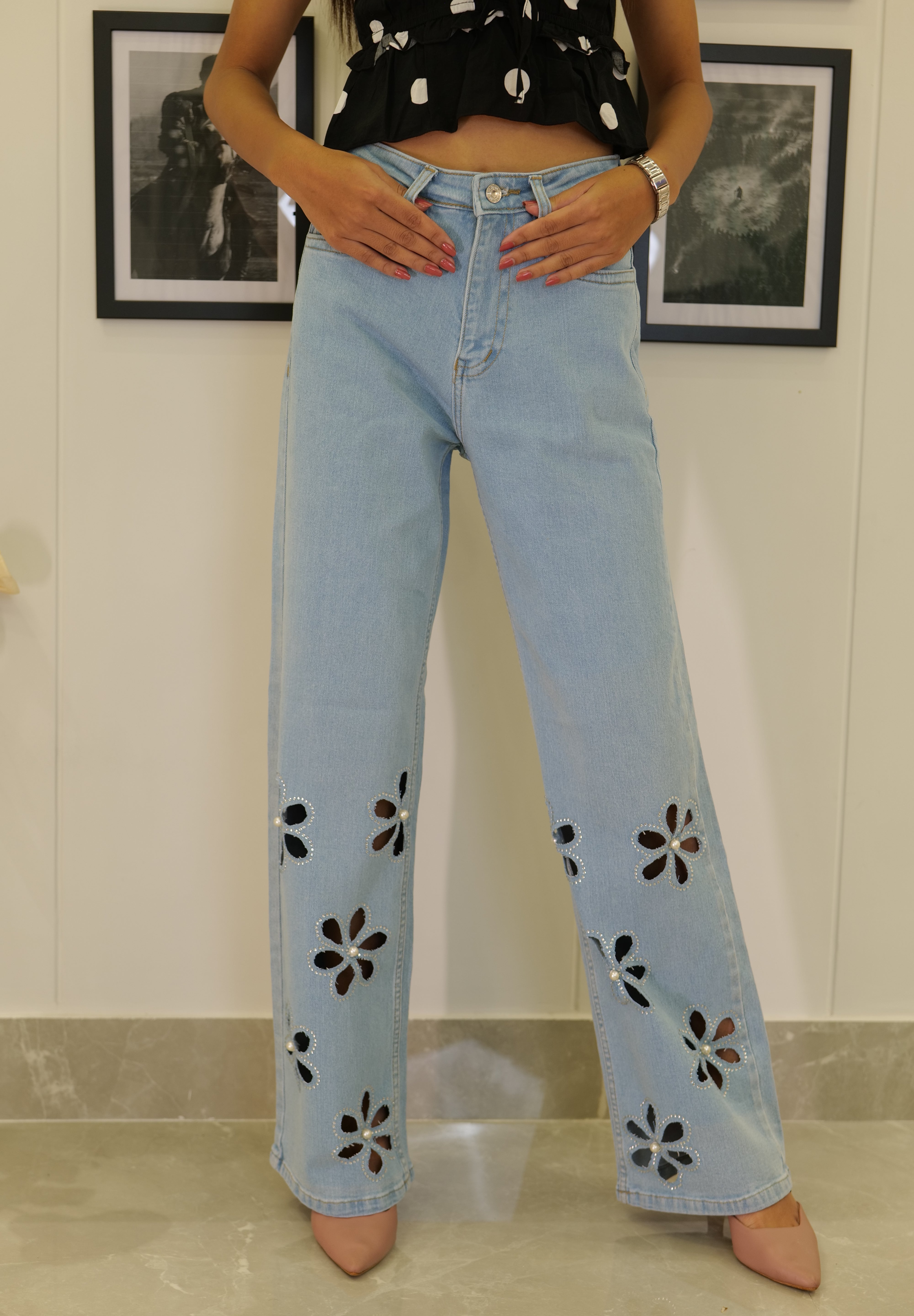 Aster - Rhinestone Embellished Cut Out Jeans - Ice Blue