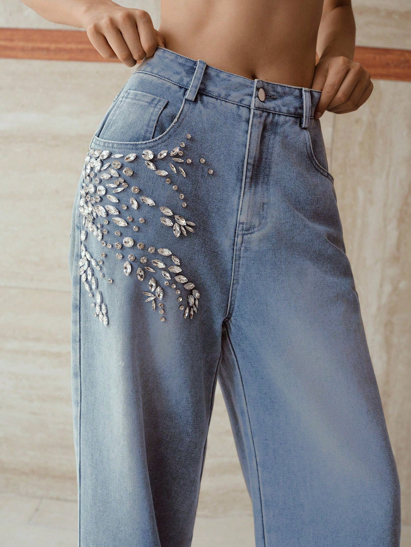 Crystal Vine - Rhinestone Embellished Wide Leg Jeans - Ice Blue