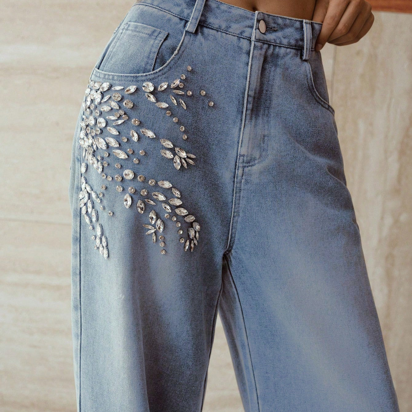Crystal Vine - Rhinestone Embellished Wide Leg Jeans - Ice Blue
