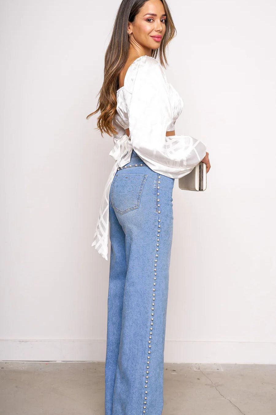 Pearl Studded Wide Leg Jeans - Ice Blue