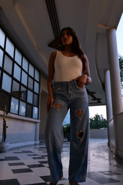 Cupid’s Charm - Rhinestone Embellished Cut Out Jeans - IceBlue
