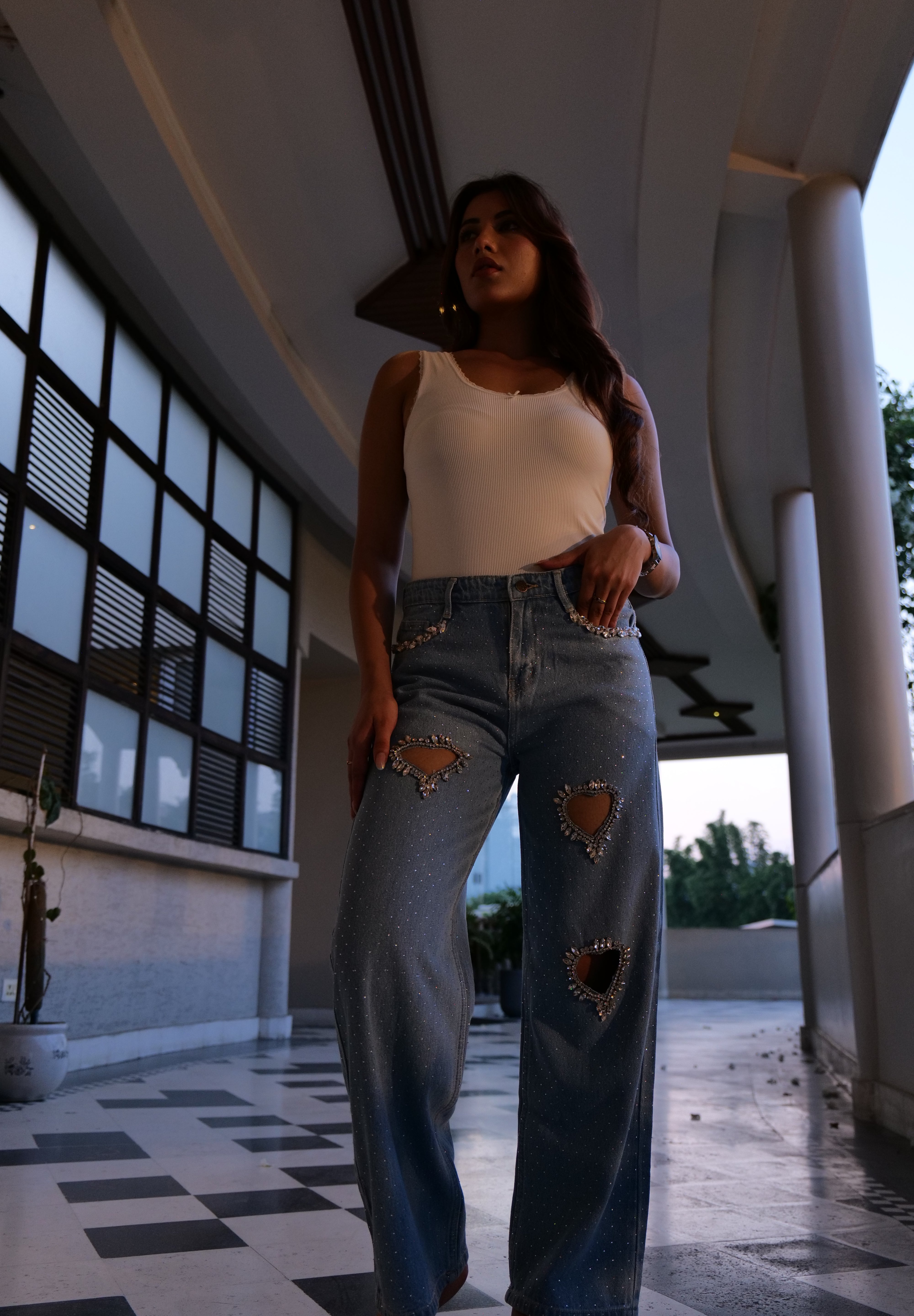 Cupid’s Charm - Rhinestone Embellished Cut Out Jeans - IceBlue