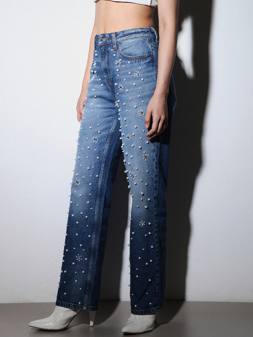 Rhea- Rhinestone Embellished Wide Leg Jeans - Dark Blue