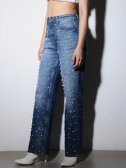 Rhea- Rhinestone Embellished Wide Leg Jeans - Dark Blue