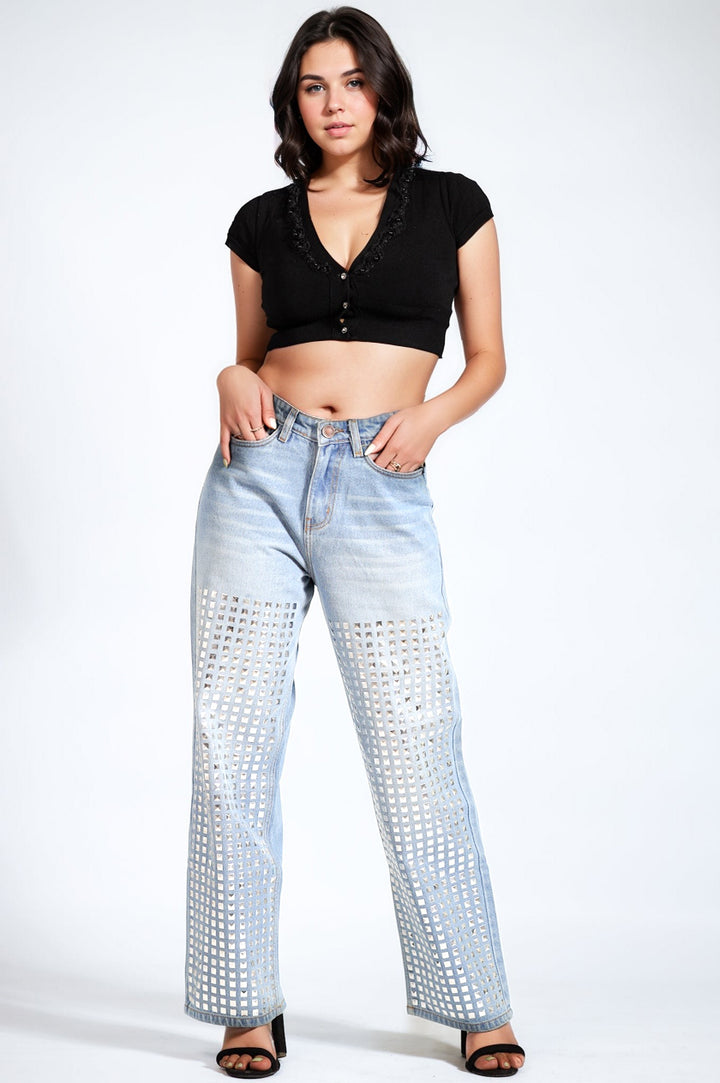 Studded Wide Leg Jeans - Ice Blue