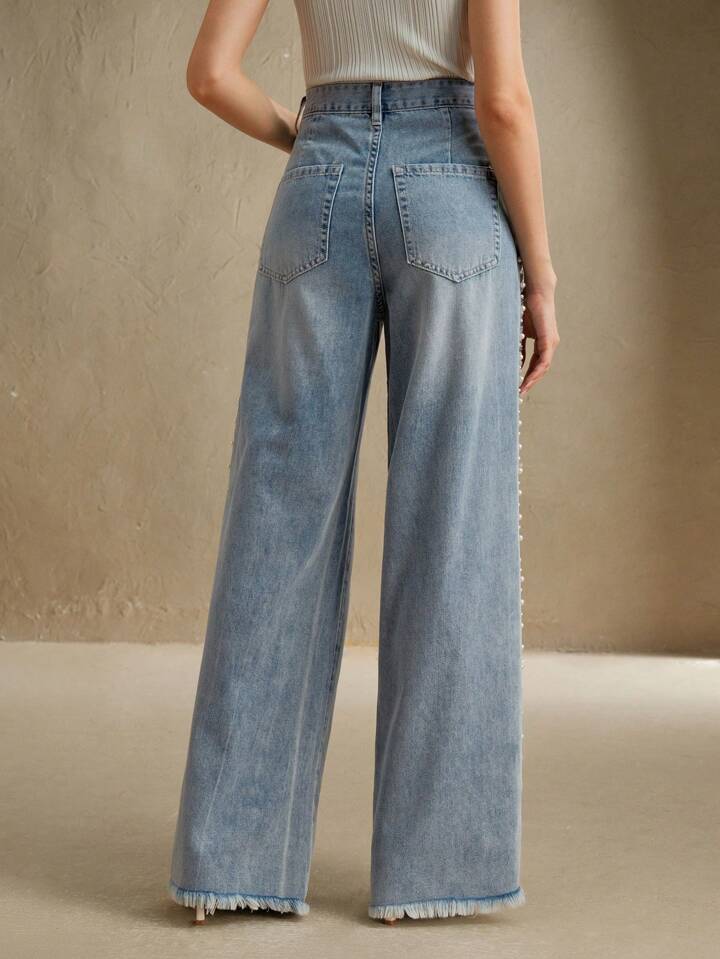 Lea - Pearl Embellished Wide Leg Jeans - Ice Blue