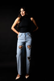 Cupid’s Charm - Rhinestone Embellished Cut Out Jeans - IceBlue