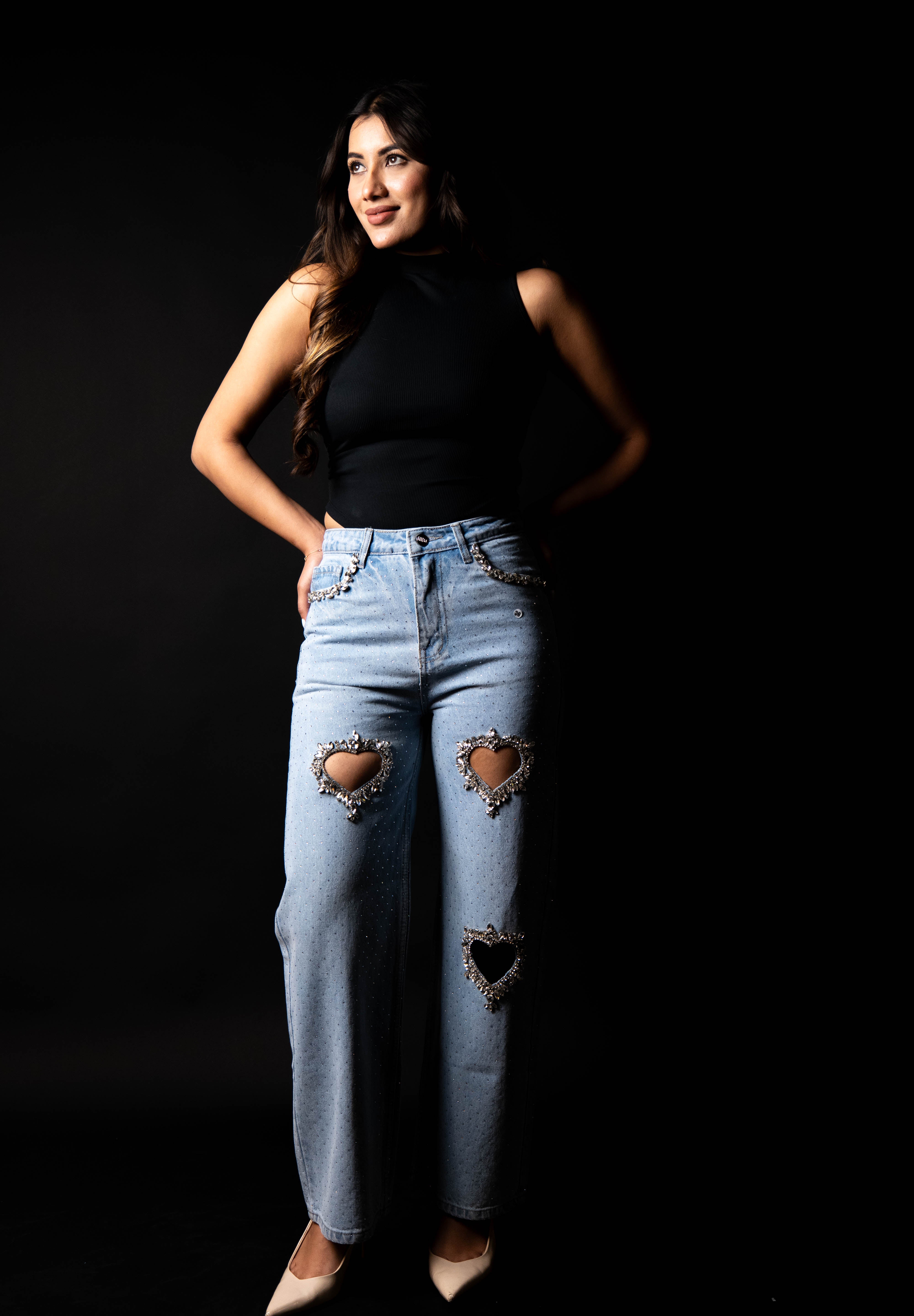 Cupid’s Charm - Rhinestone Embellished Cut Out Jeans - IceBlue