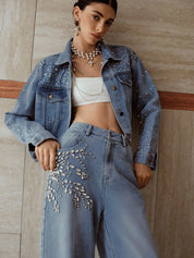Crystal Vine - Rhinestone Embellished Wide Leg Jeans - Ice Blue