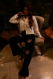 Black Heart - Rhinestone Embellished Cut Out Jeans - Black