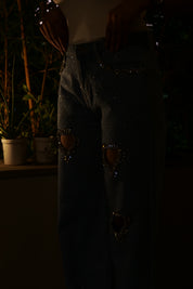 Cupid’s Charm - Rhinestone Embellished Cut Out Jeans - IceBlue