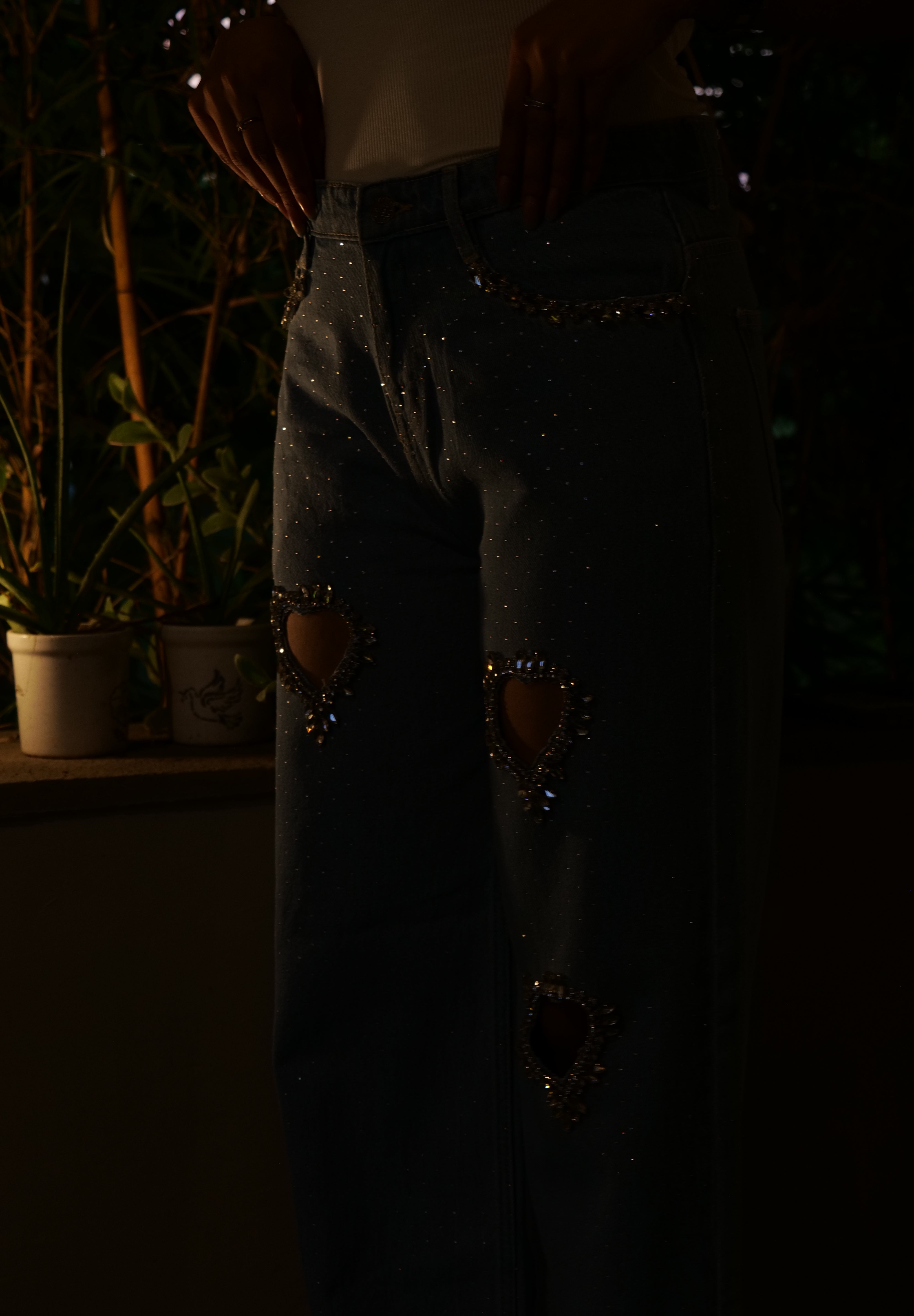 Cupid’s Charm - Rhinestone Embellished Cut Out Jeans - IceBlue