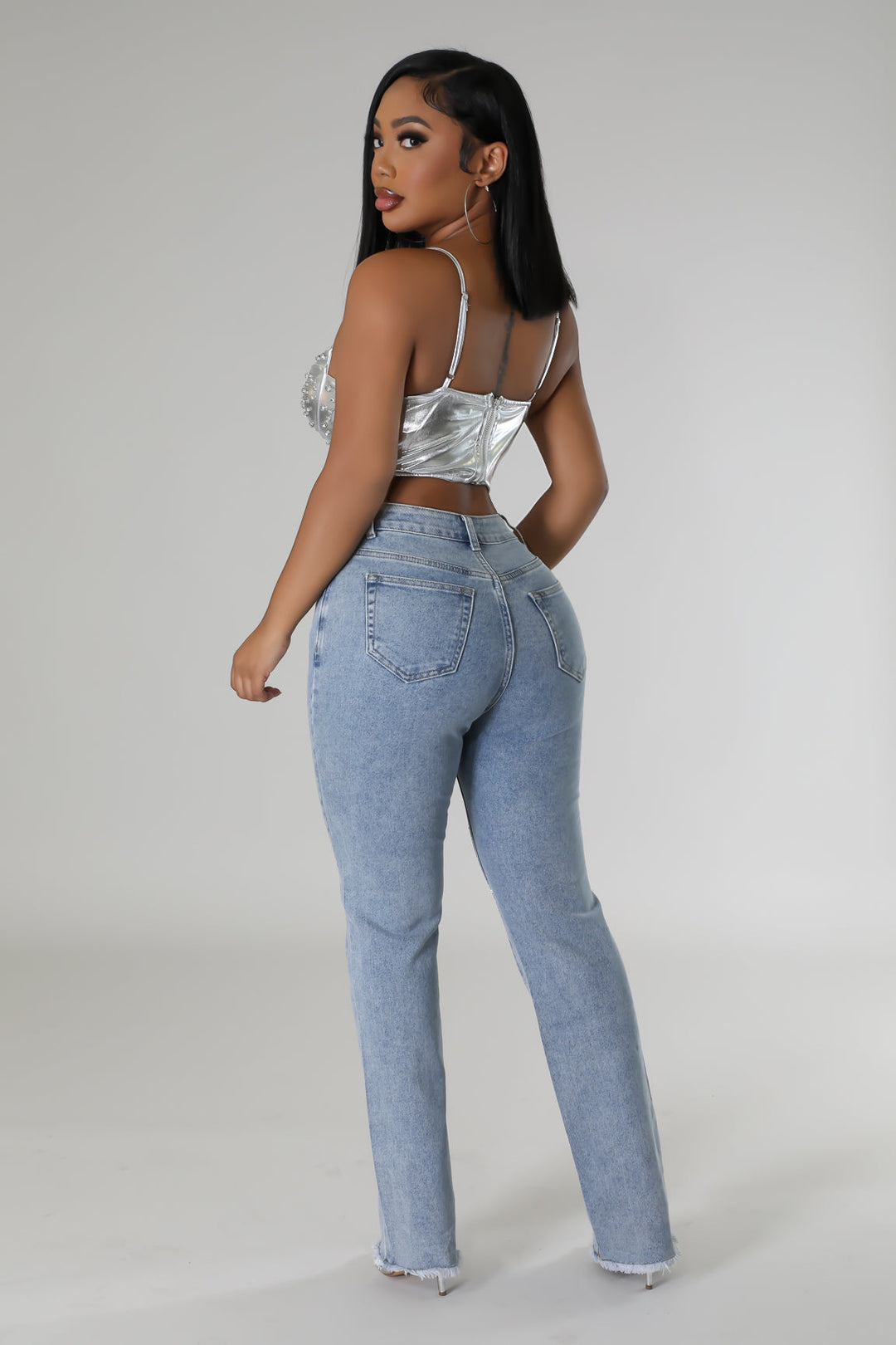 Embellished Wide Leg Fray Bottom Jeans - Eleanor