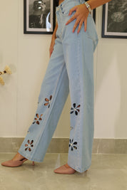 Aster - Rhinestone Embellished Cut Out Jeans - Ice Blue