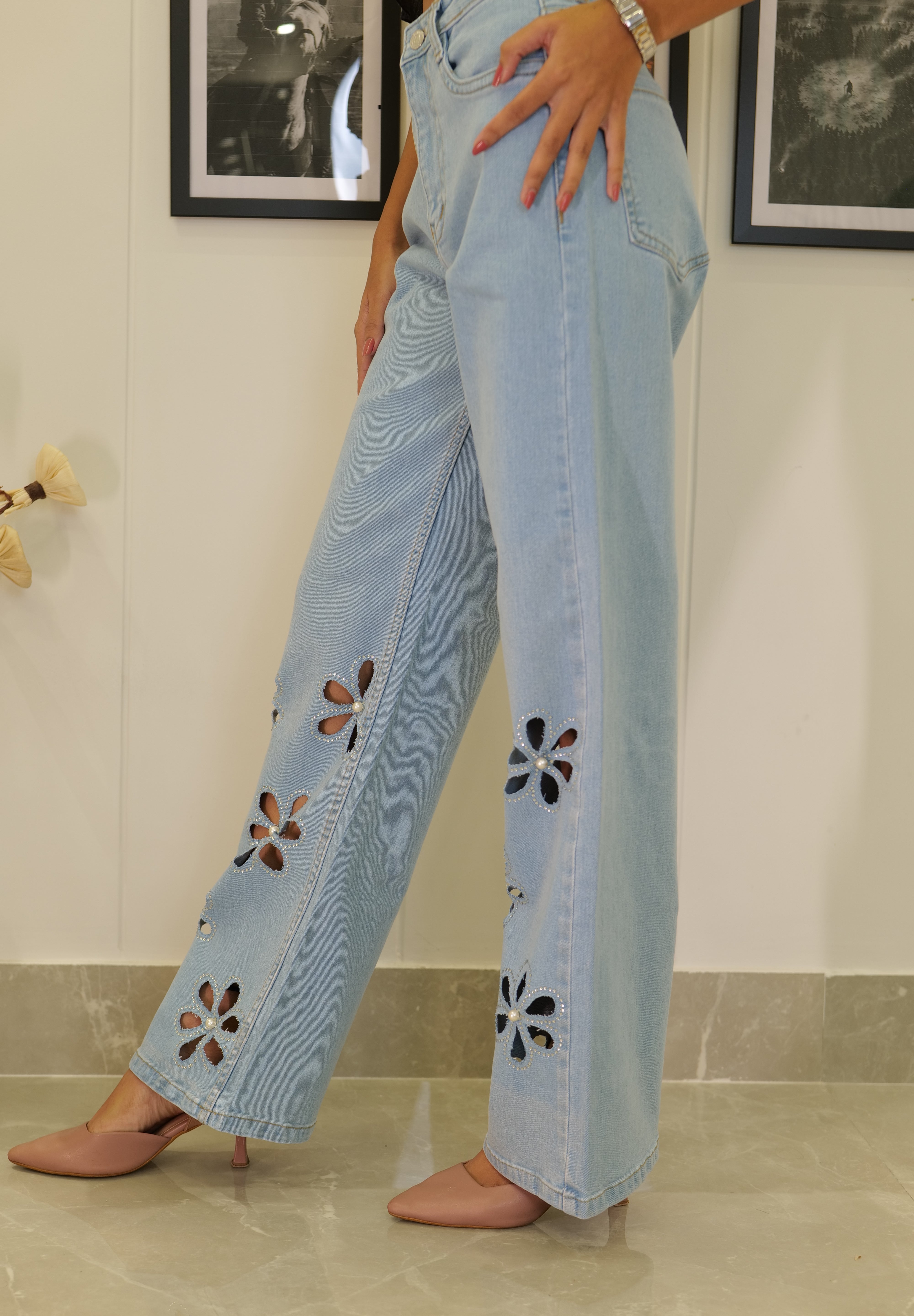 Aster - Rhinestone Embellished Cut Out Jeans - Ice Blue