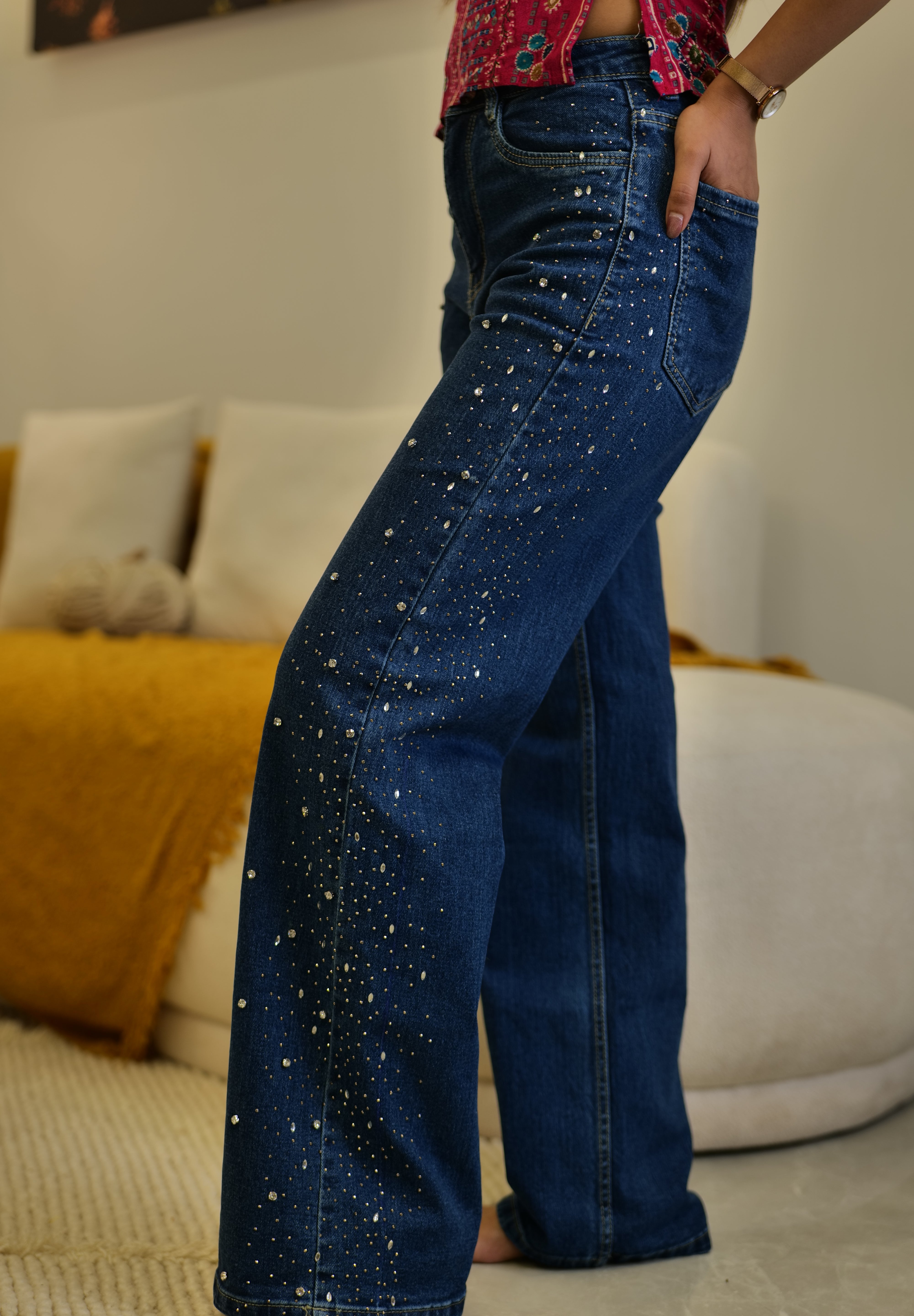 Meher - Rhinestone Embellished Jeans - Dark Blue