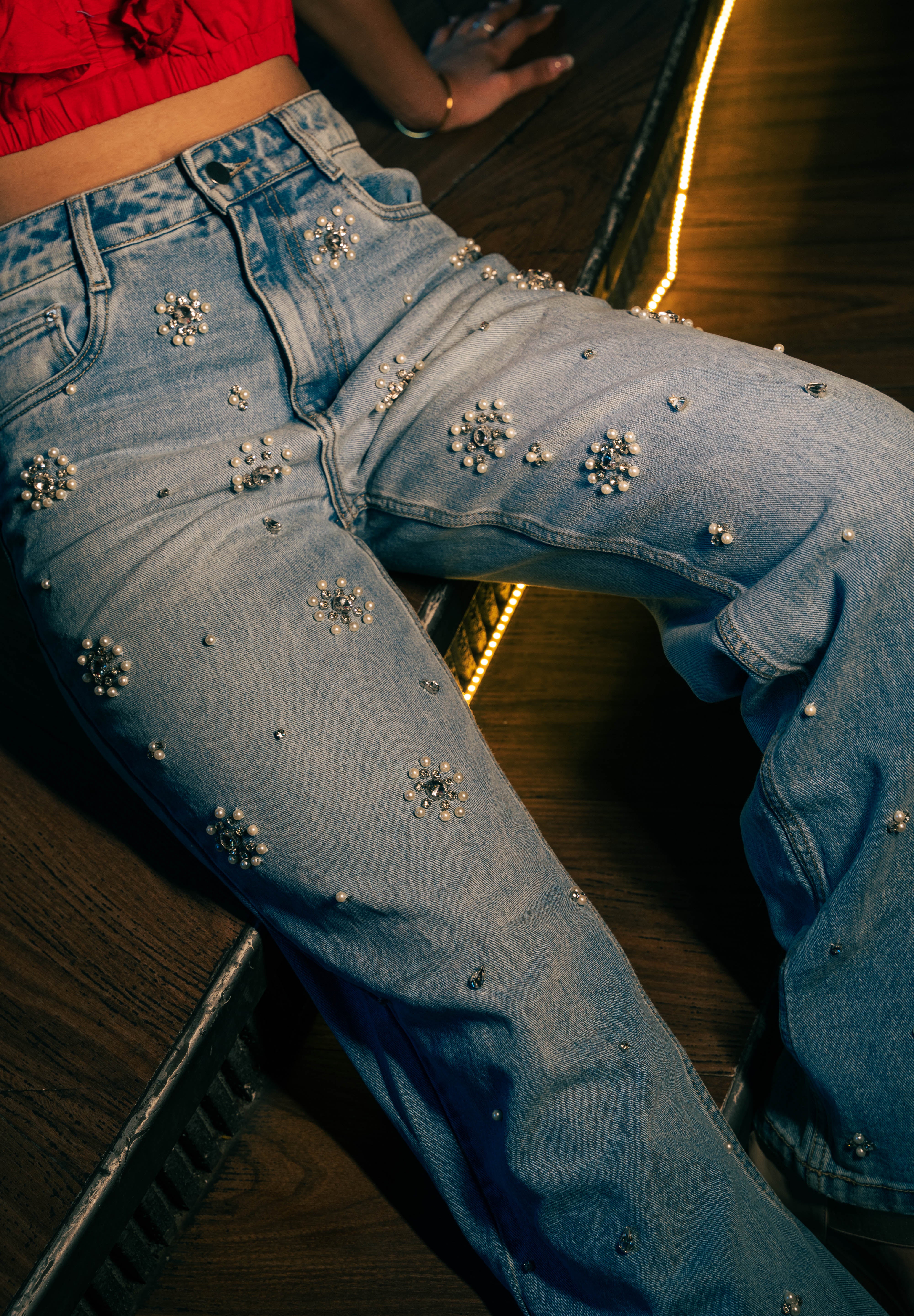 Dazie - Rhinestone Embellished Wide Leg Jeans