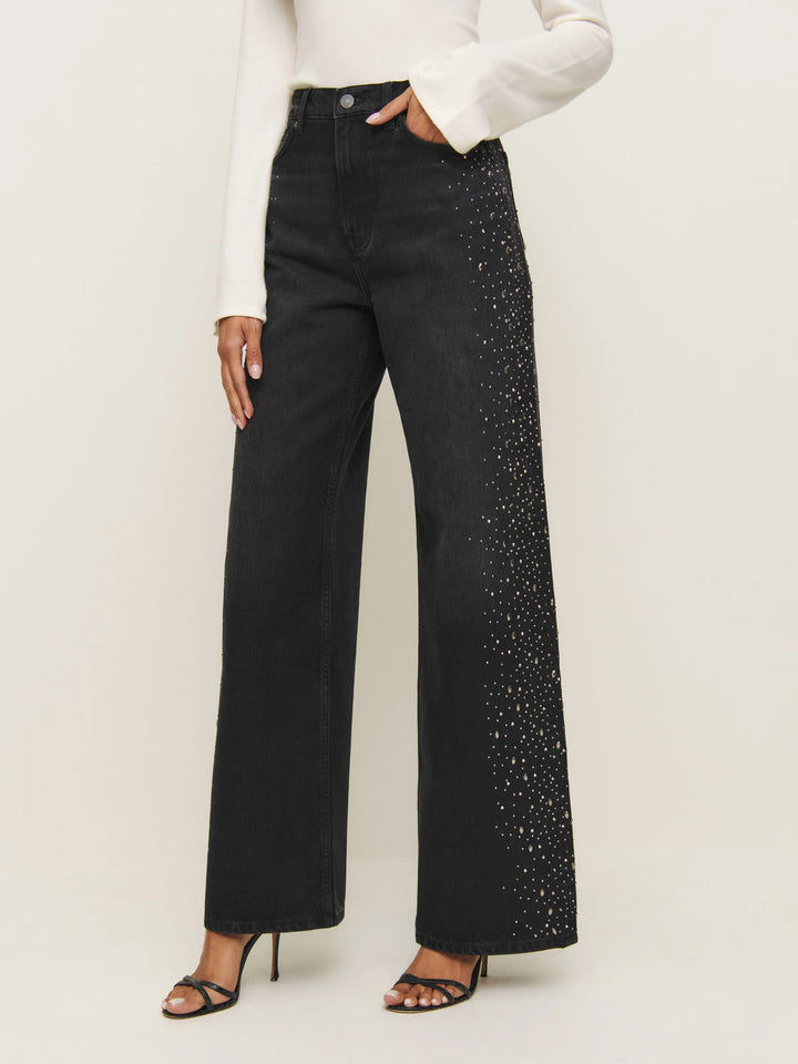 Celeste Noir - High Rise Rhinestone Embellished Wide Leg Flared Jeans