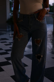 Cupid’s Charm - Rhinestone Embellished Cut Out Jeans - IceBlue