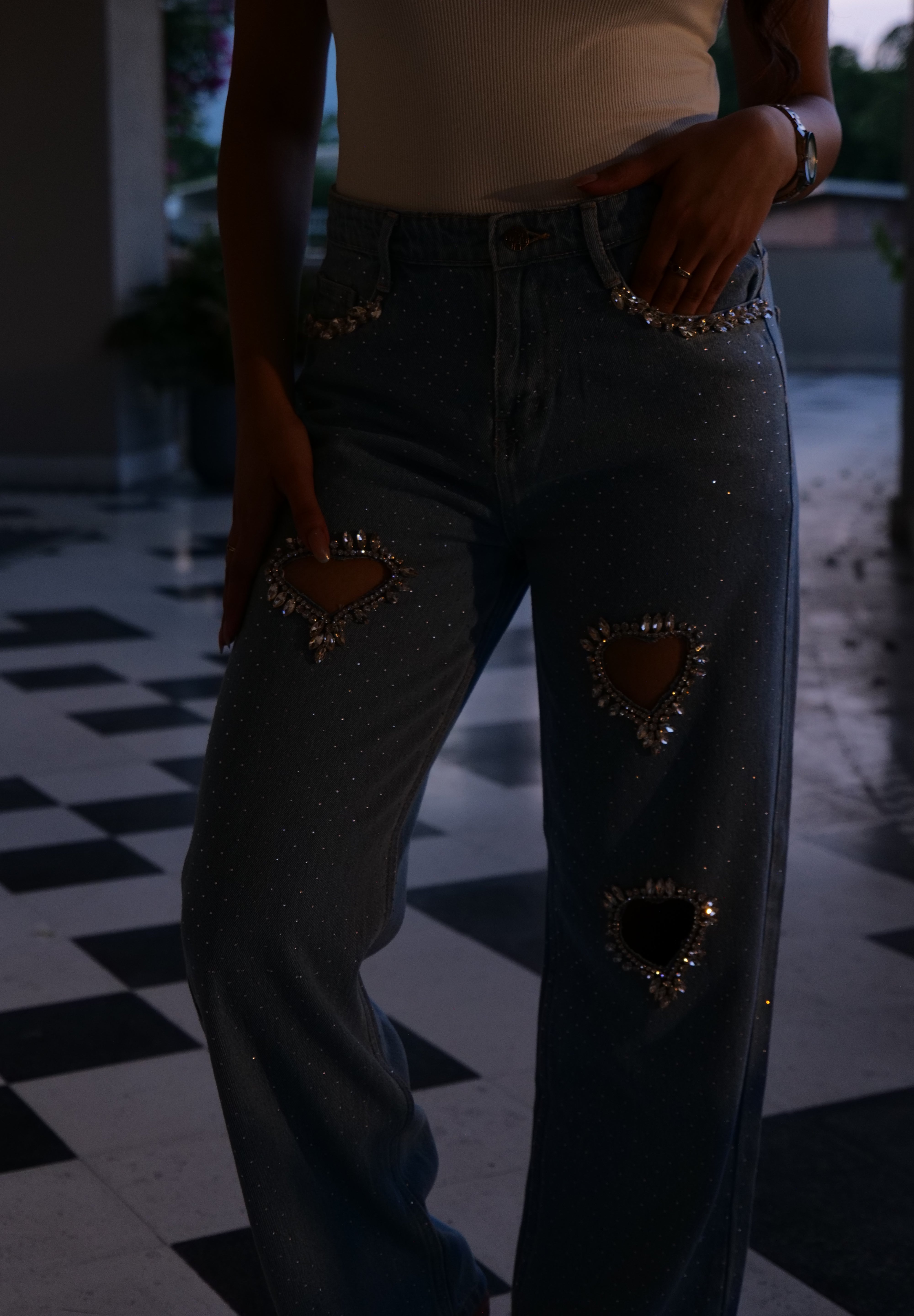 Cupid’s Charm - Rhinestone Embellished Cut Out Jeans - IceBlue