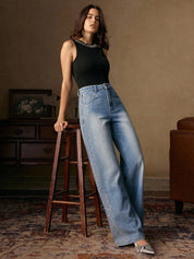 Mira - Rhinestone Embellished Wide Leg Jeans - Ice Blue