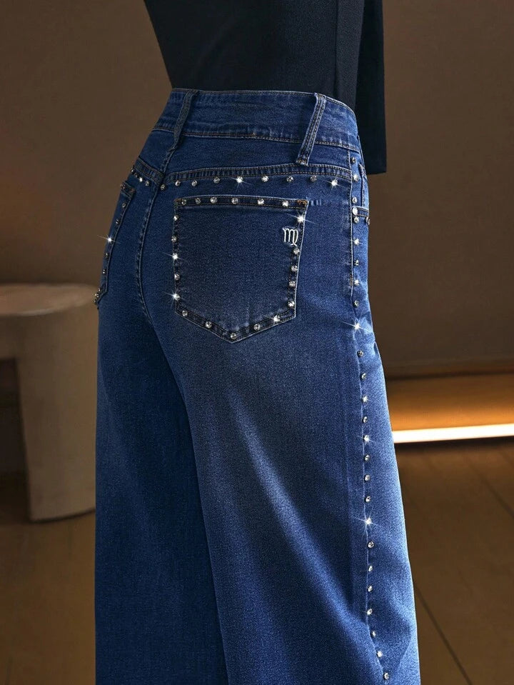 Starline - Rhinestone Embellished Wide Leg Jeans - Stone Blue
