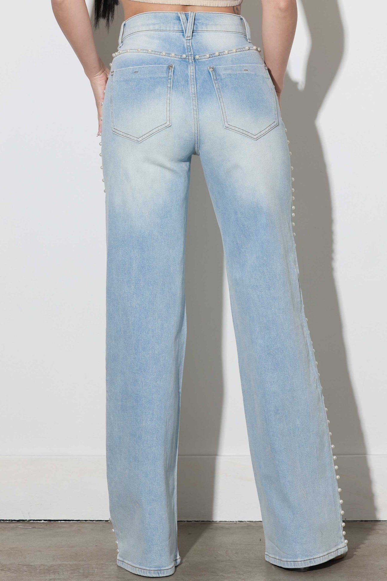 Pearl Studded Wide Leg Jeans - Ice Blue