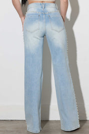 Pearl Studded Wide Leg Jeans - Ice Blue