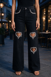 Black Heart - Rhinestone Embellished Cut Out Jeans - Black