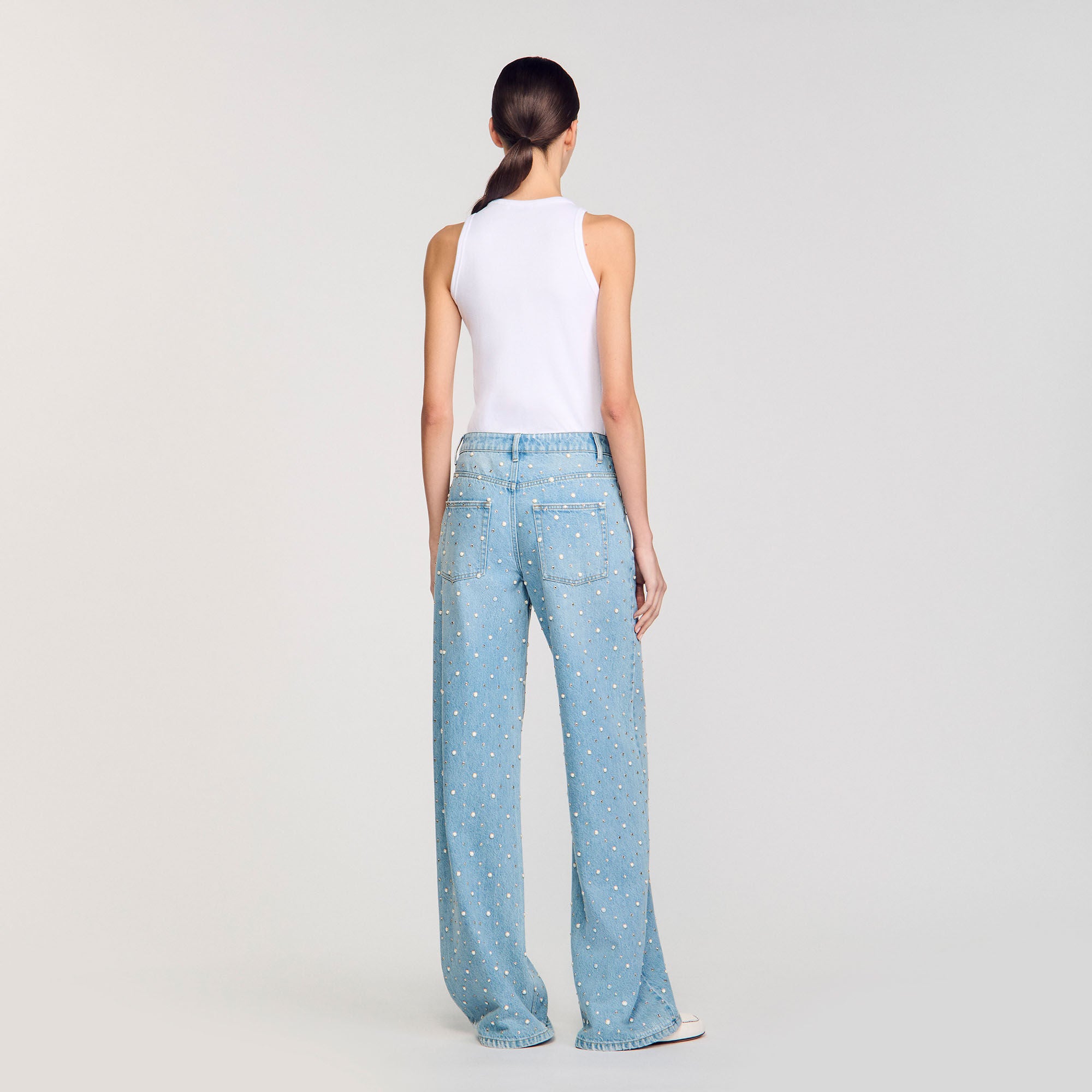 Anoushka Rhinestone Pearl Beaded Wide Leg Jeans - Main Image