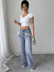 Rhinestone Embellished Wide Leg Jeans - Diana