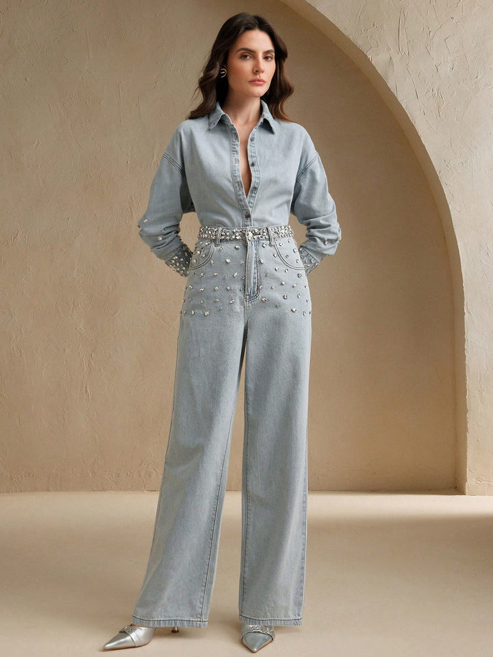 Dazzle Band - Rhinestone Embellished Wide Leg Jeans