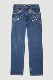 Tanya - Rhinestone Embellished Wide Leg Jeans - Dark Blue
