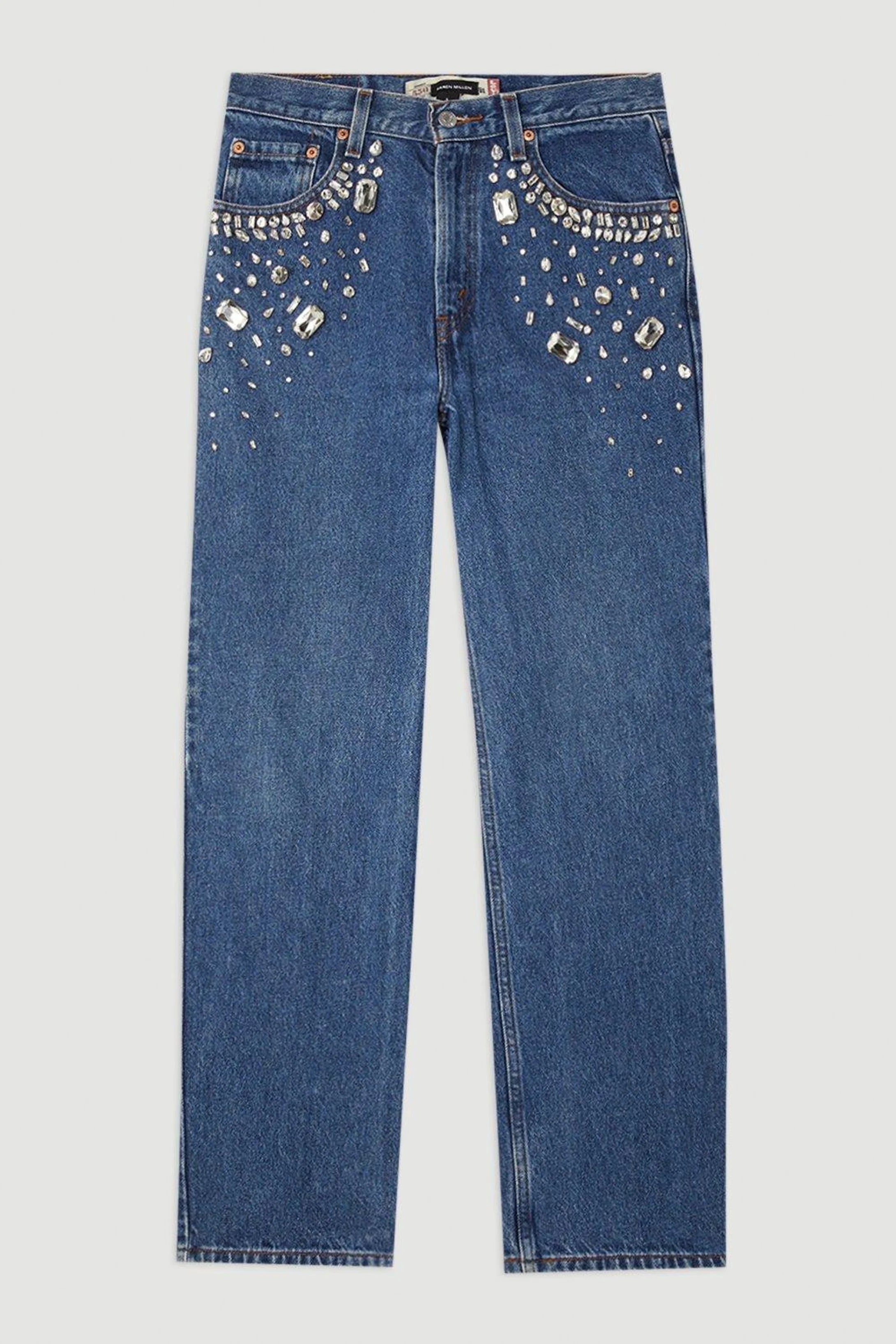 Tanya - Rhinestone Embellished Wide Leg Jeans - Dark Blue