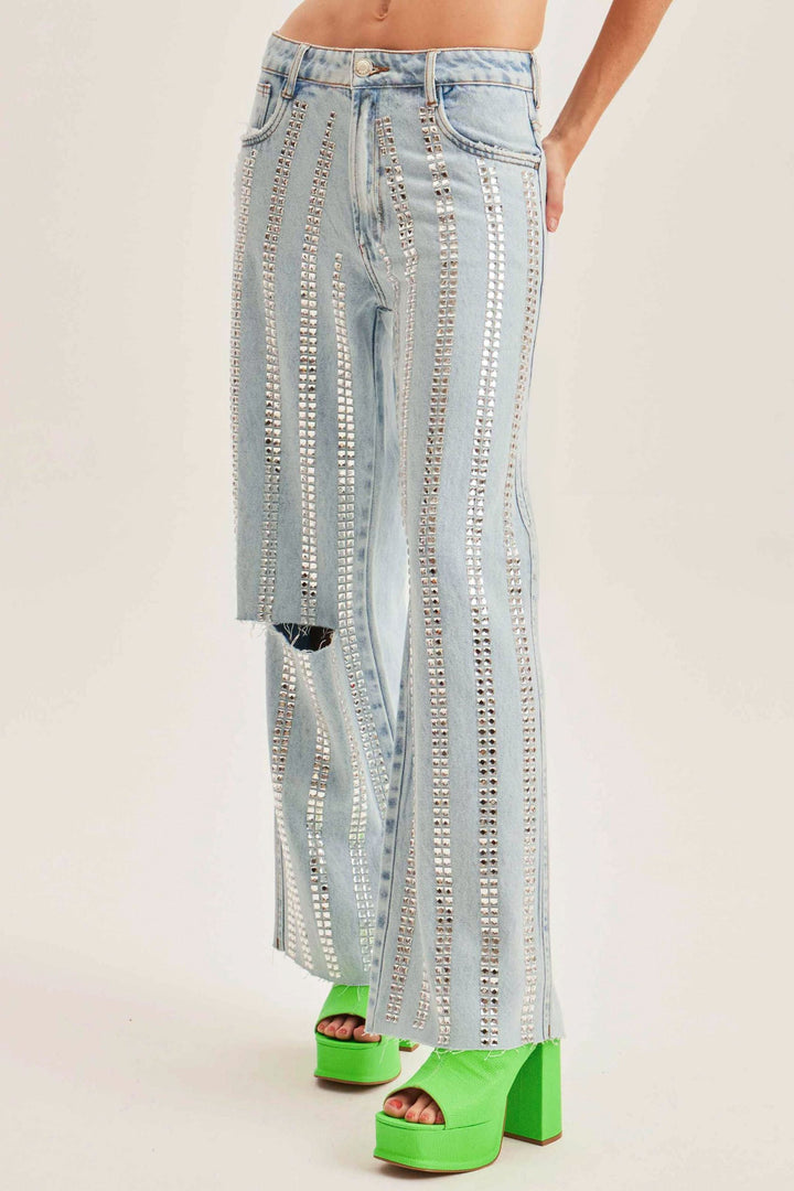 Studded Cut Out Jeans - Ice Blue