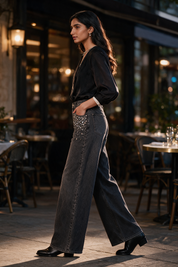 Glam Noir - Rhinestone Embellished Wide Leg Jeans - Black
