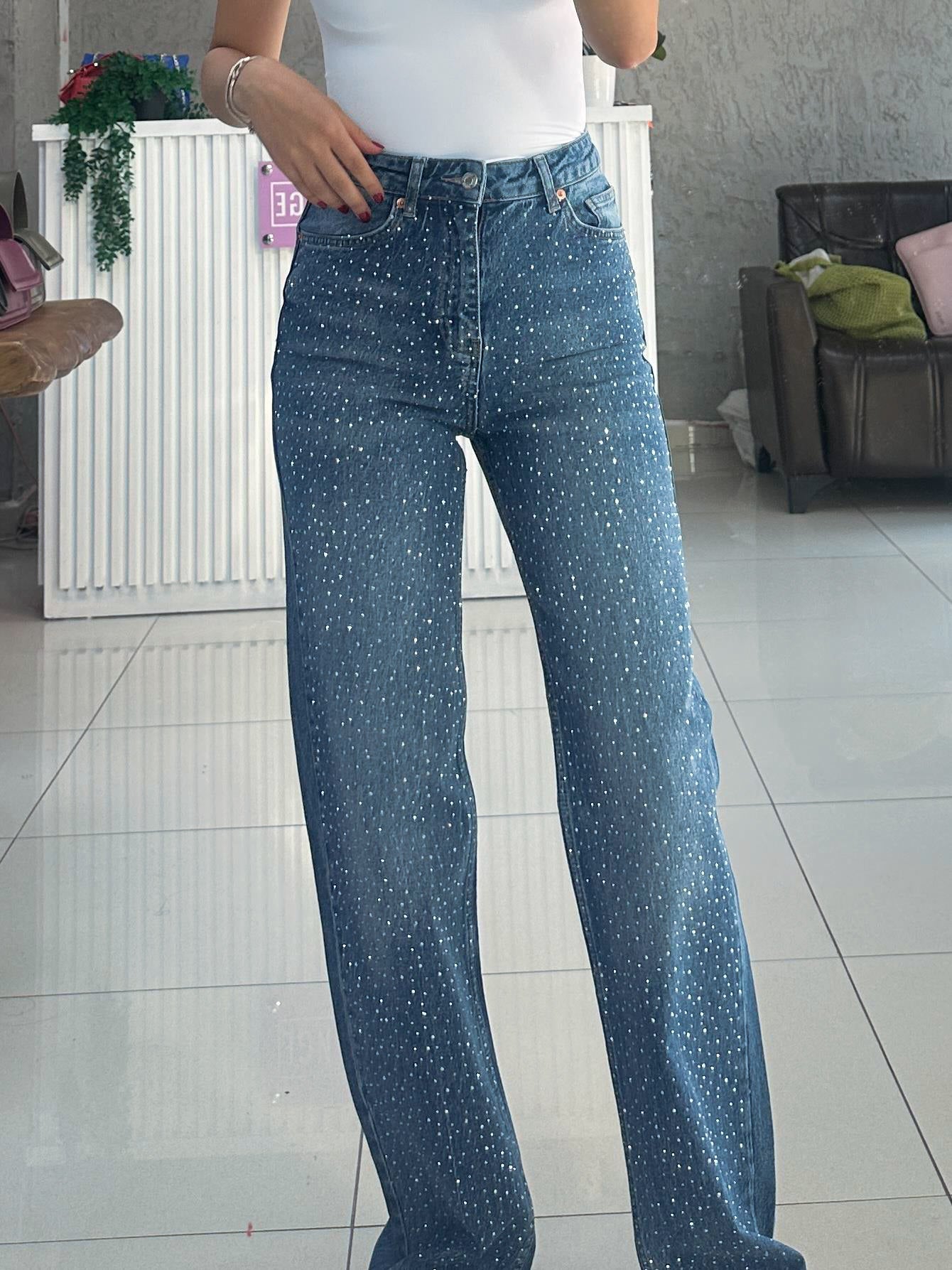 Midnight Blue Diamante Denim High Rise Wide Leg Jeans