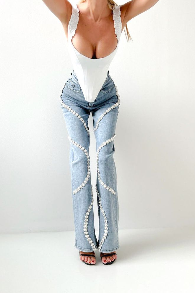 Rhinestone Embellished Wide Leg Jeans - Athena