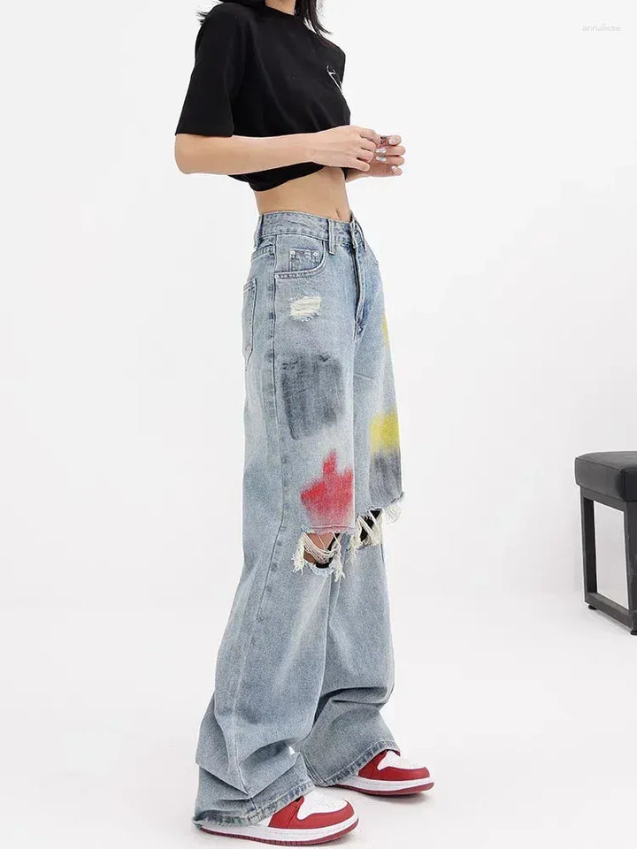 Painted Wide Leg Distressed Jeans - Vivienne