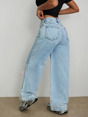 Kiara - Rhinestone and Pearl Embellished Wide Leg Jeans - Ice Blue